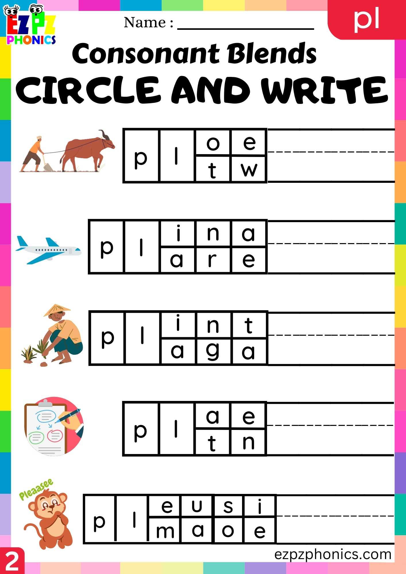 Group2 PL Words Circle And Write Phonics Consonant Blends Worksheet